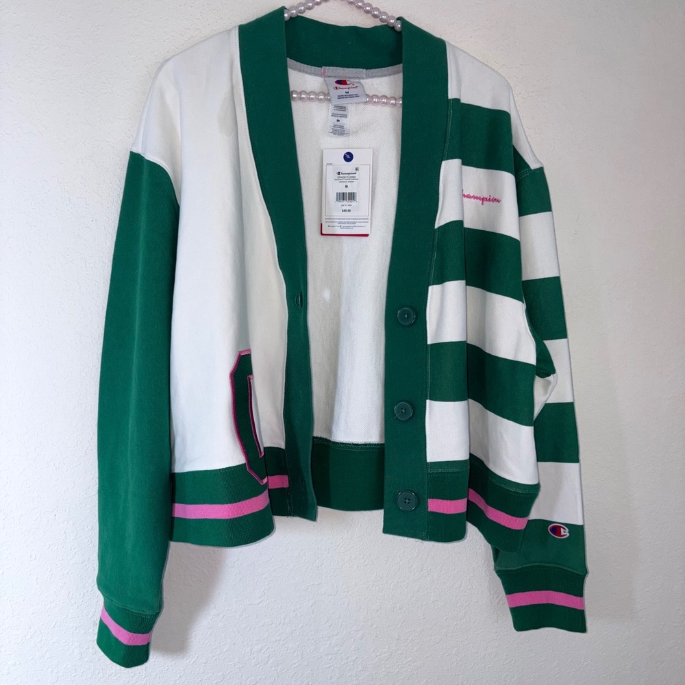 Champion Collegiate Striped Cardigan Medium Green White NEW Varsity Sweatshirt